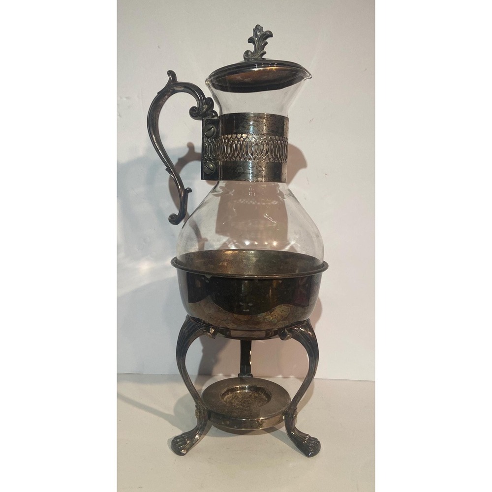 Vintage Silver Plate and Glass Coffee Tea Carafe Warming Stand